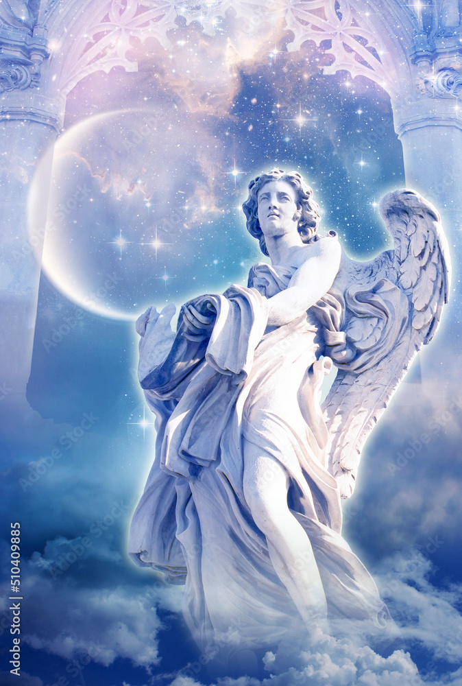 angel archangel with cosmic portal or divine gate over starry galaxy and cloudy sky like spiritual and religious concept angel archangel with cosmic portal or divine gate over starry galaxy and cloudy sky like spiritual and religious concept