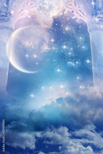 abstract cosmic spiritual mystical angelic Universe divine and religious background with mystic gate or portal, a planet and galaxy stars and sky