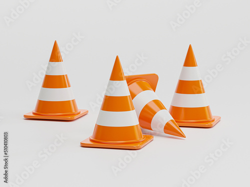 Isolate of realistic orange traffic warning cone for under construction, maintenance , attention and transportation concept by 3D render illustration.