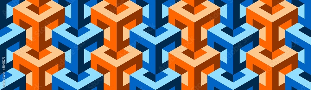 Obraz premium Cubes. Seamless vector geometric colorful 3D pattern. Intertwining. Optical illusions. Op Art. Endless template for fabric, wrapping, poster, cover. Modern textile. Artistic background. 3D Tiles