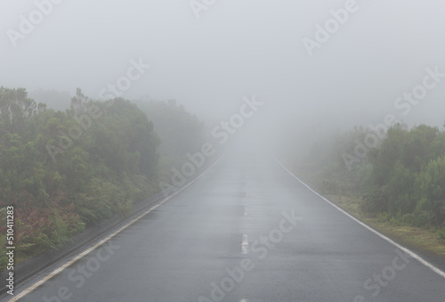 Empty straight road in fog