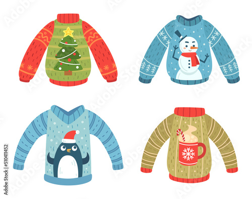 Cartoon christmas party jumpers for winter holiday celebration. Knitted cute sweaters with fir tree, snowman, penguin photo