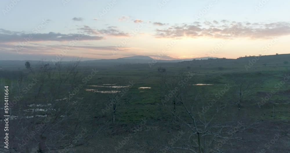 Aerial view of a misty landscape at sunrise, Golan Heights, Israel. Aerial view of a misty landscape at sunrise, Golan Heights, Israel.