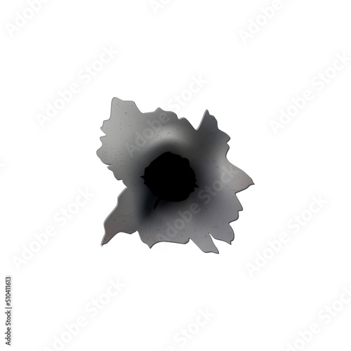 Bullet holes of gun or pistol. Shoot in metal single and double hole. Damage and cracks on surface. Vector isolated on background