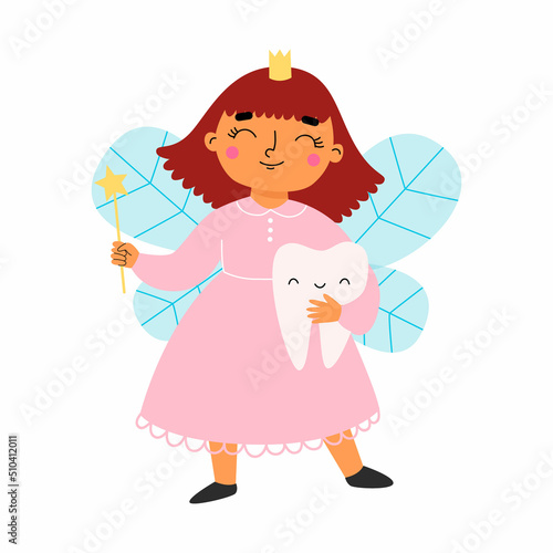 Cute tooth fairy with a tooth. Vector illustration