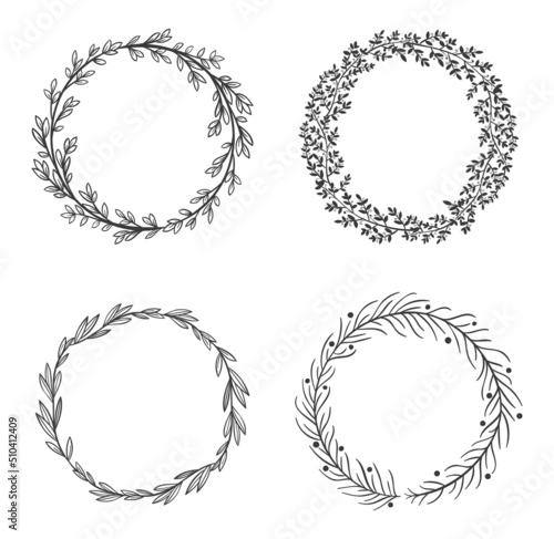Circle leaf frames. Black round natural borders, floral wreath set isolated on white,. Botanical elements with foliage