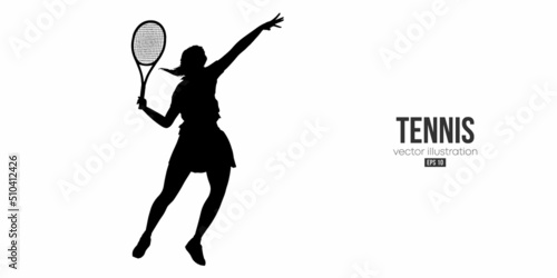 Abstract silhouette of a tennis player on white background. Tennis player woman with racket hits the ball. Vector illustration