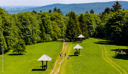 Fototapeta Naklejka Na Ścianę i Meble -  Swietokrzyskie Mountains panorama with Lysa Gora, Swiety Krzyz mount hilltop near Nowa Slupia village in Poland