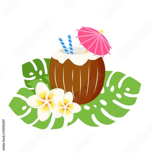 Coconut cocktail with paper umbrella and drinking straws. Exotic tropical drink, summer paradise