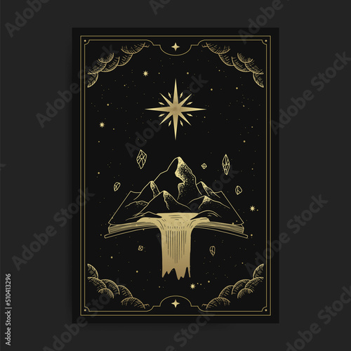 Mountain in the open book in golden engraving style