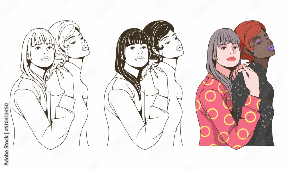 Illustrations about line art portrait beautiful woman, Two women embracing each other, Best Friends, Friendship concept vector illustration, For use as part of logo design, sticker and many more. Illustrations about line art portrait beautiful woman, Two women embracing each other, Best Friends, Friendship concept vector illustration, For use as part of logo design, sticker and many more.