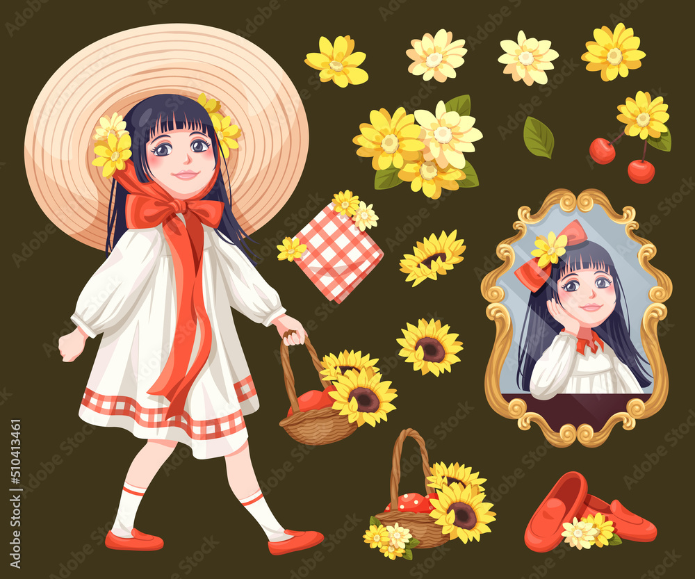 Illustrations about lolita girl and yellow flower cartoon, Girl wearing a wide brimmed hat, yellow flowers and other cute elements illustration, For use as part of logo design, sticker and many more.