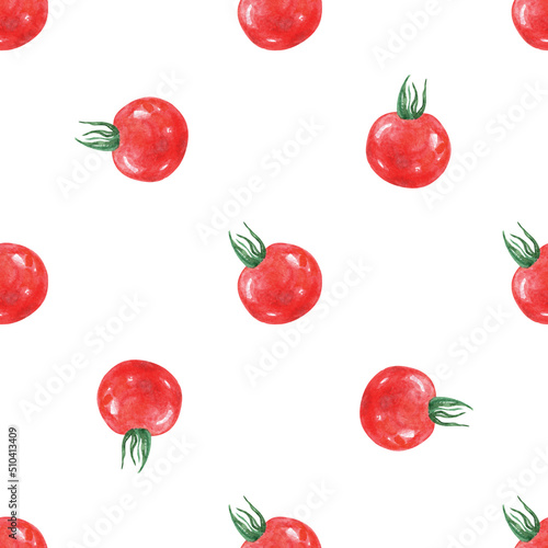 Fototapeta Naklejka Na Ścianę i Meble -  Watercolor tomato cherry seamless pattern on white background