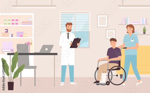 Doctor visit. Man on wheelchair having appointment with medical worker. Cartoon character with broken leg