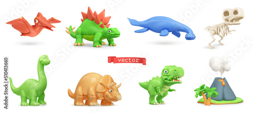 Dinosaurs 3d vector icon set. Pterodactyl, stegosaurus, plesiosaurus, dinosaur skeleton, brachiosaurus, triceratops, tyrannosaurus and volcano icon. Cartoon characters