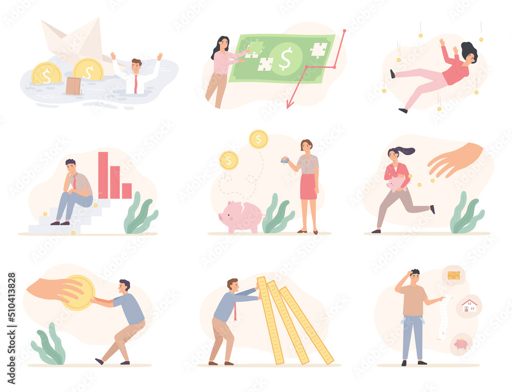 Financial problems. Disappointed people facing troubles with money as bankruptcy, inflation, redundancy, high interest rate Financial problems. Disappointed people facing troubles with money as bankruptcy, inflation, redundancy, high interest rate
