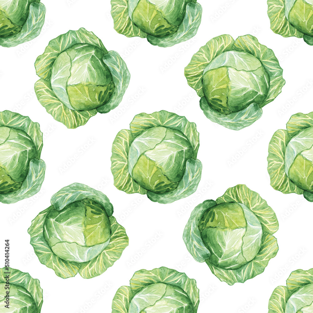 Watercolor green cabbage seamless pattern on white background. Watercolor green cabbage seamless pattern on white background.