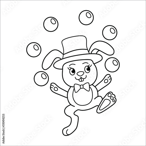 Black and white contoured cartoon character hare in a juggler hat. Children's coloring page.
