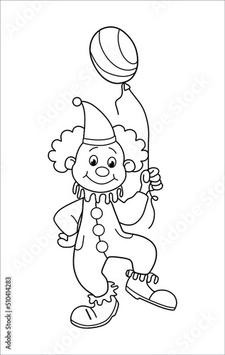 Black and white contoured funny cartoon clown with a balloon. Children's coloring page