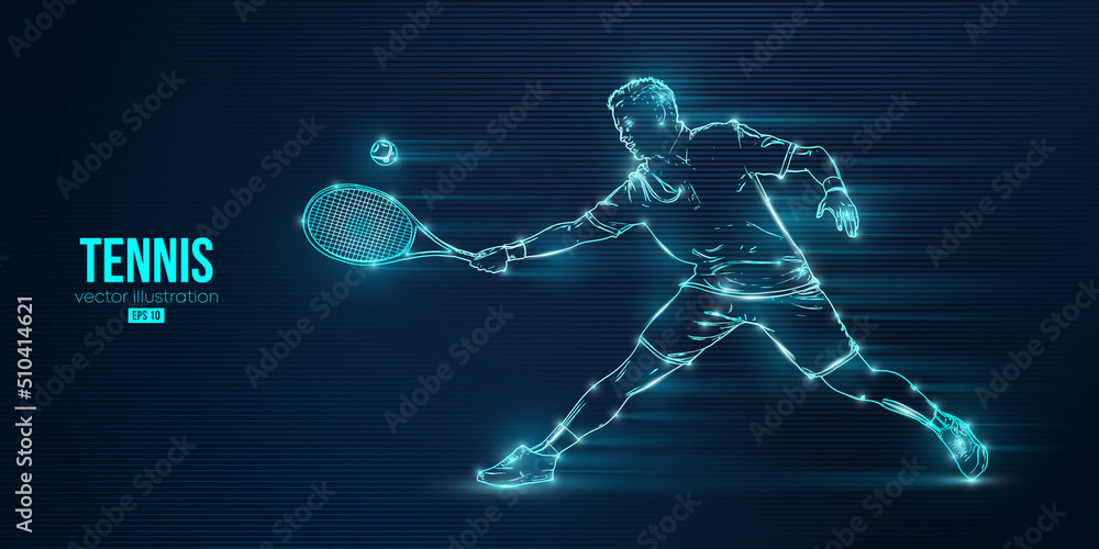 Abstract silhouette of a tennis player on blue background. Tennis player man with racket hits the ball. Vector illustration Abstract silhouette of a tennis player on blue background. Tennis player man with racket hits the ball. Vector illustration