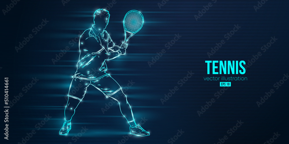 Abstract silhouette of a tennis player on blue background. Tennis player man with racket hits the ball. Vector illustration Abstract silhouette of a tennis player on blue background. Tennis player man with racket hits the ball. Vector illustration