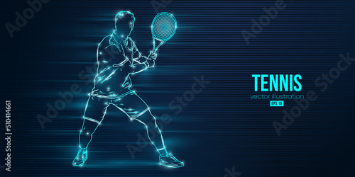 Abstract silhouette of a tennis player on blue background. Tennis player man with racket hits the ball. Vector illustration