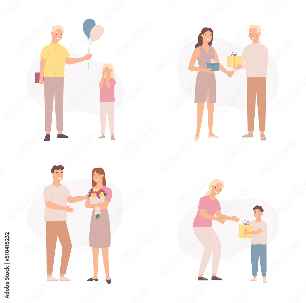 Obraz premium Men different ages give gift to women and kids. Boy giving balloons to little girl. Couple holding presents for holiday