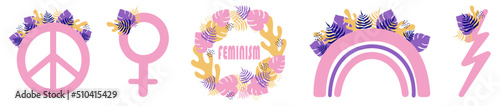 Set of feminist stickers. Girl power. Vector illustration.