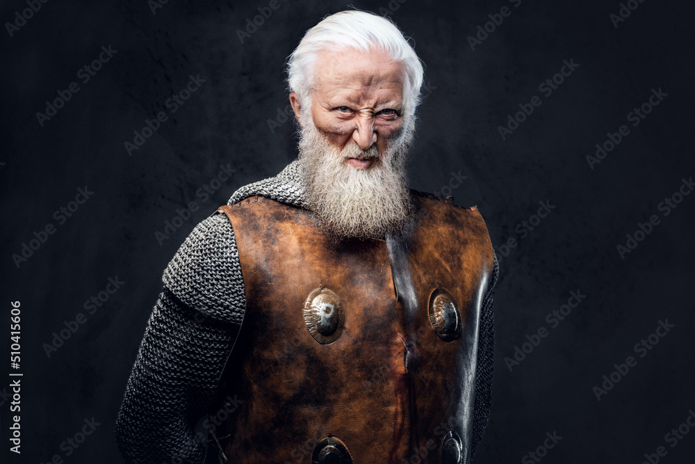 Portrait of furious aged knight with long beard dressed in antique armor against dark background.