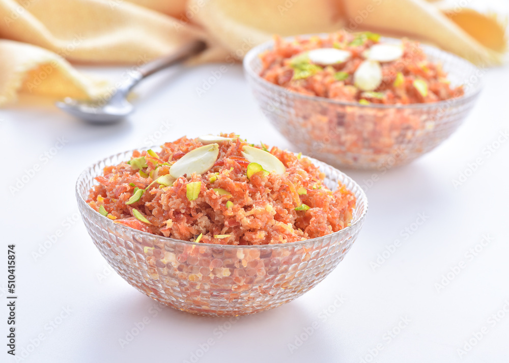 Gajar Halwa or Carrot Pudding. A delicious sweet and healthy dessert prepared by pure milk, desi ghee and fresh carrots.