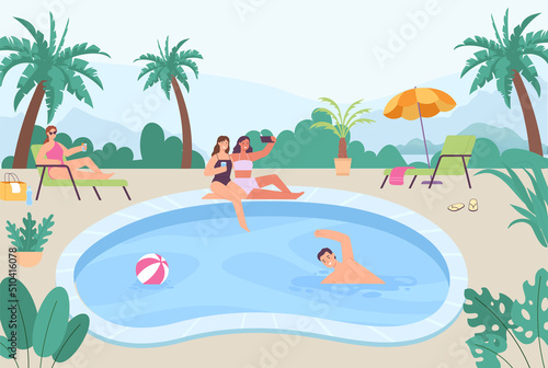 People at outdoor swimming pool. Women friends sitting on border and taking selfie photo on smartphone