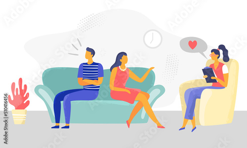 Psychotherapy session. Married couple coming to private appointment with psychologist. Husband and wife having problems