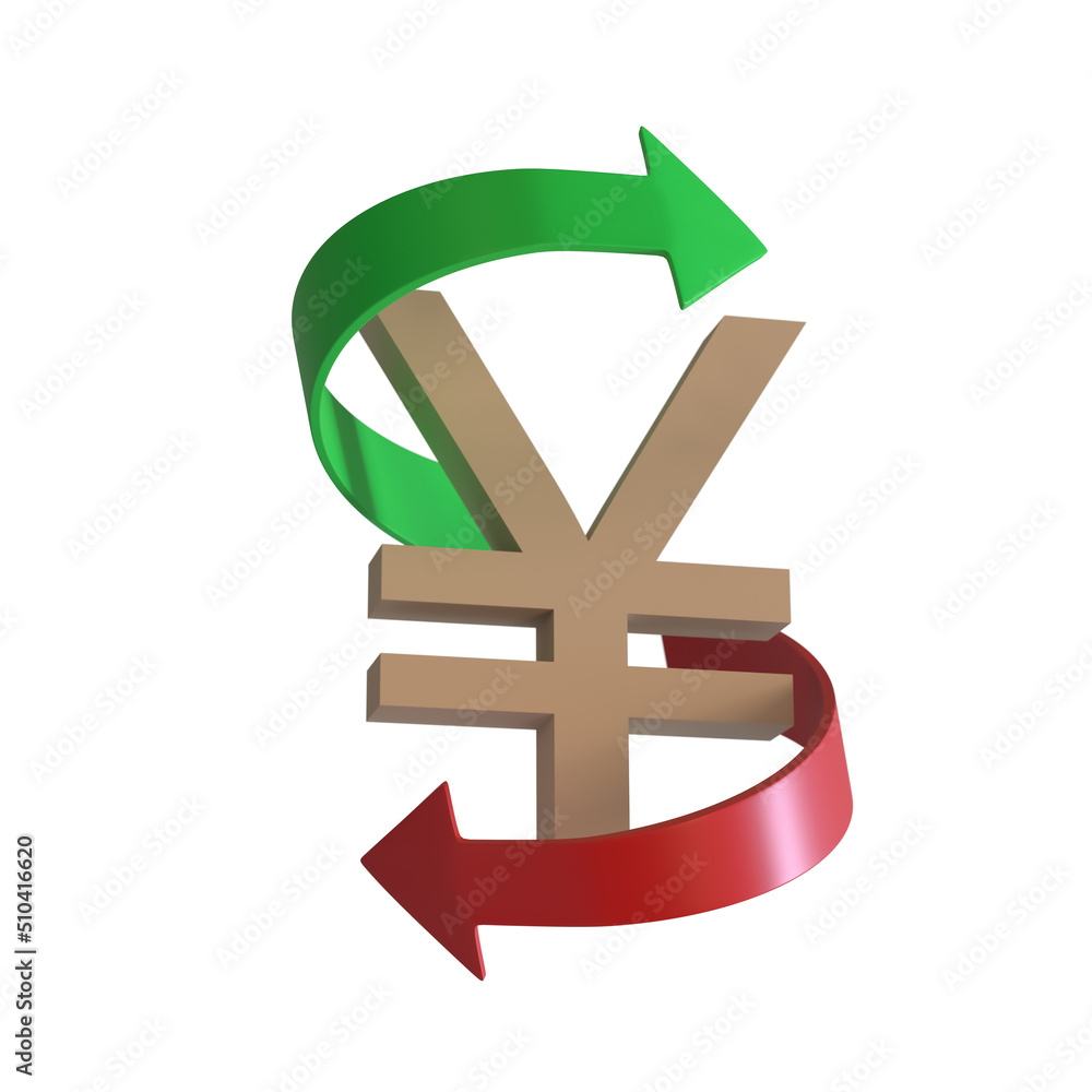 Fototapeta premium Yen symbol surrounded by two arrows, green pointing up and red pointing down, on a white background. 3D rendering. Finance concept. Isolated