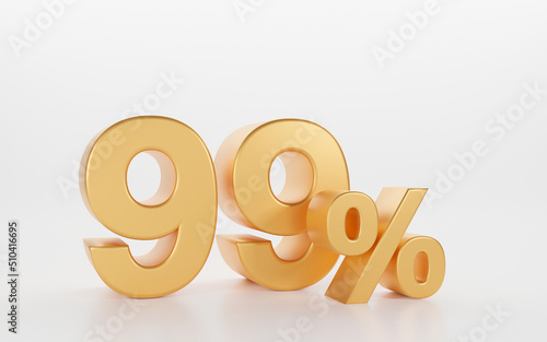 3D Rendering Golden ninety nine percent isolated on white background. used in banner ads discount, 99 number Icon, Gold Sale Symbol.
