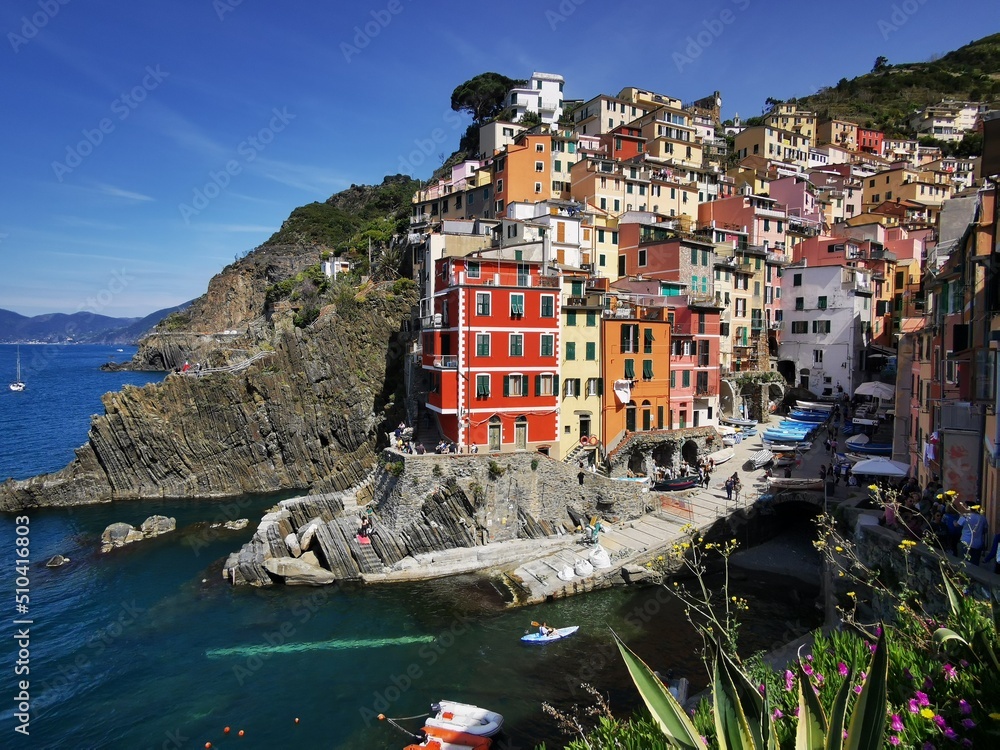 Riomaggiore, Cinque Terre National Park, Liguria, Italy.
View of the colorful houses along the coastline of Cinque Terre area in Riomaggiore, Liguria, Italy.
Town of Riomaggiore, Liguria, Italy.
