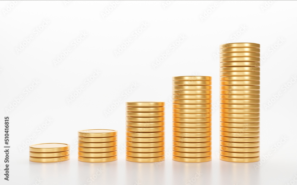 Gold coin stacks growth bar graph on isolated white background, Market investment trading, golden tower, financial, index, forex, exchange, pile, saving money, 3D rendering.
Gold coin stacks growth bar graph on isolated white background, Market investment trading, golden tower, financial, index, forex, exchange, pile, saving money, 3D rendering.
