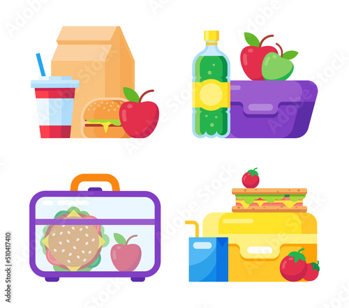 School kid lunch box. Healthy and nutritional food, bottle or cup of drink. Sandwich and snacks packed in plastic containers
