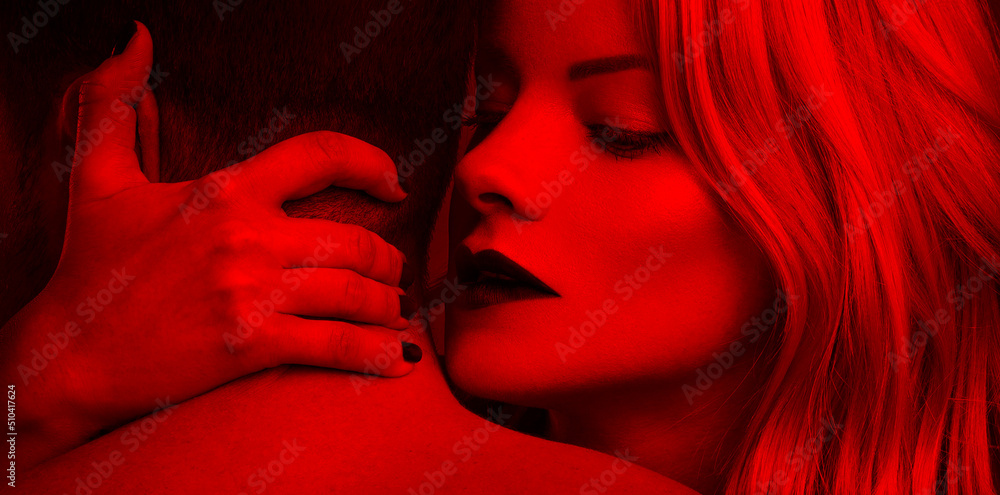 Blonde woman in red lips seducing man closeup in red light - obrazy, fototapety, plakaty 
