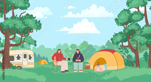 Fototapeta Naklejka Na Ścianę i Meble -  Scout kids. Female and male tourists sitting on chairs in nature and drinking tea. Woman lying in tent