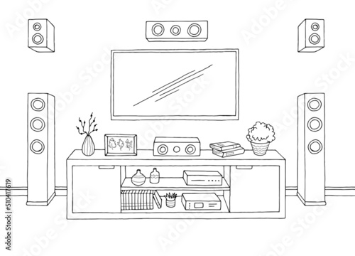 Living room graphic black white interior sketch illustration vector 