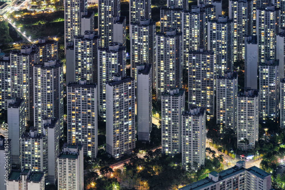 Night aerial view of high-rise residential buildings in Seoul