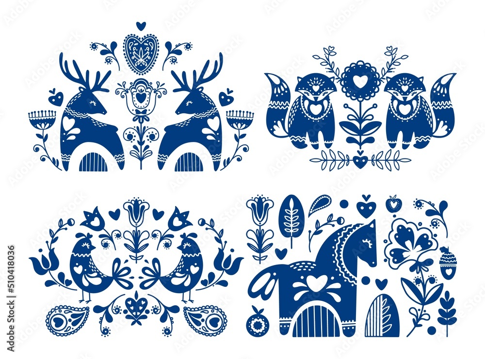 Vector set of folk motives and ornaments. National traditional ornaments with decorative animals, flowers and plants. Floral and animal folk compositions. - obrazy, fototapety, plakaty 