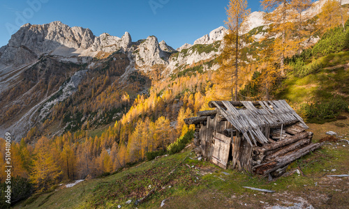 Beautiful autumn scenery in the mountains of Julian Alps in Slovenia.