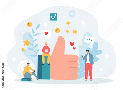 Trendy abstract social media post template. Male characters checking networking sites on smartphones