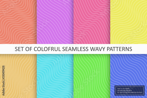 Collection of vector colorful seamless wavy patterns. Striped endless curve textures. Bright repeatable minimalistic backgrounds