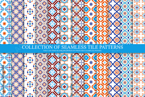 Collection of bright seamless geometric mosaic patterns - color tile textures. Decorative tileable endless ornamental east backgrounds. Vector repeatable symmetric prints