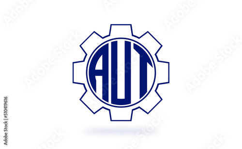 AUT three letter industrial logo with gear icon logo design vector template. mechanical logo | servicing logo | engineering logo | initial letter logo | flat logo | minimalist logo | wordmark logo |