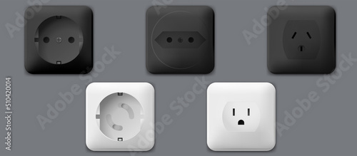 Power socket, switch and extension vector outlet for electric plugs and electricity illustration. Set of different types of power isolated sockets and switchers.