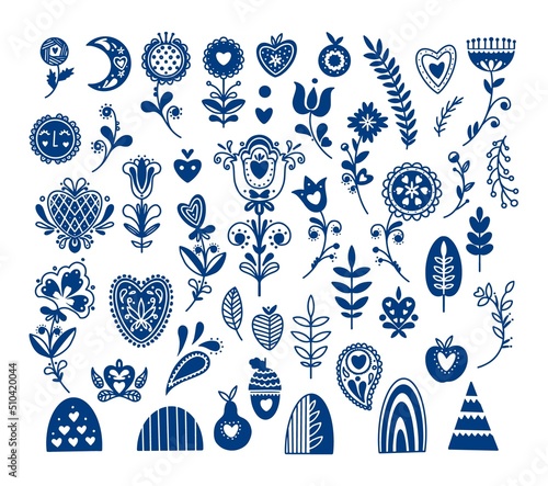 Vector folk decorative elements. Ethnic floral shapes. Abstract folk flowers and plants. Ornamental vector set. photo