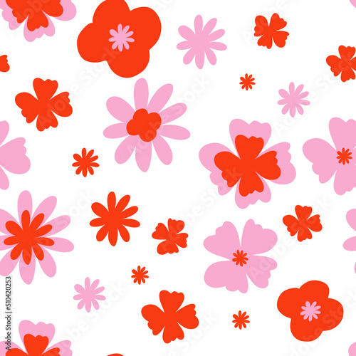 70s Retro flowers pattern. Seamless retro background . Groovy naive flowers pattern pink and red